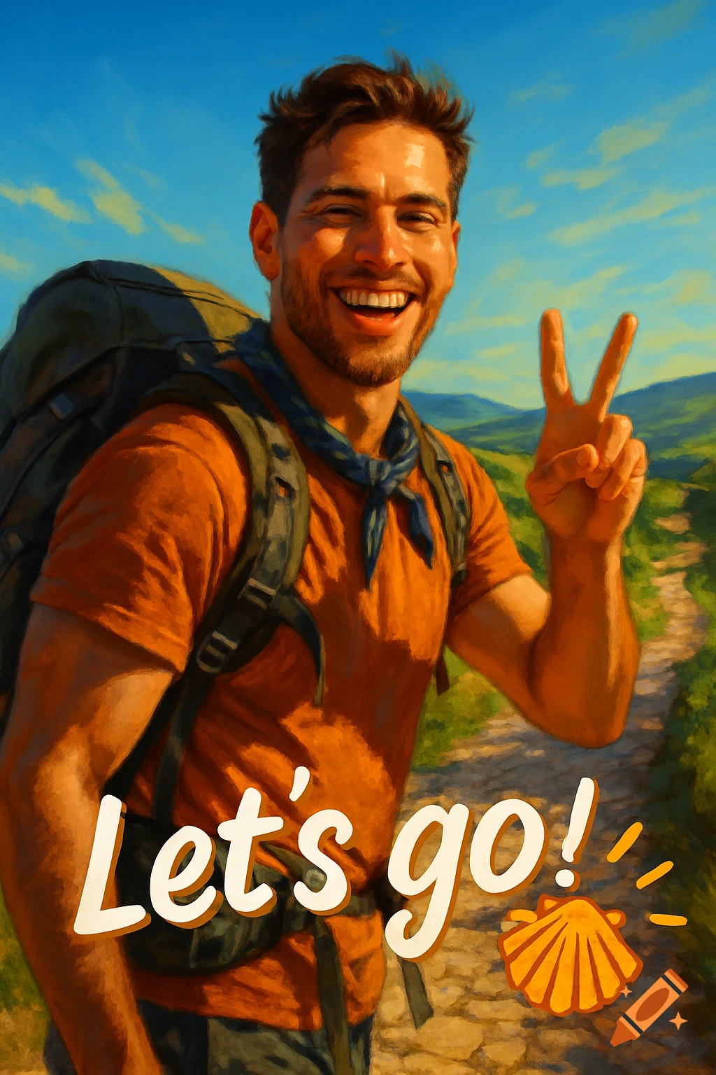 A smiling male hiker with a backpack makes a peace sign on a trail under a blue sky, text 'Let's go!' and a shell icon.