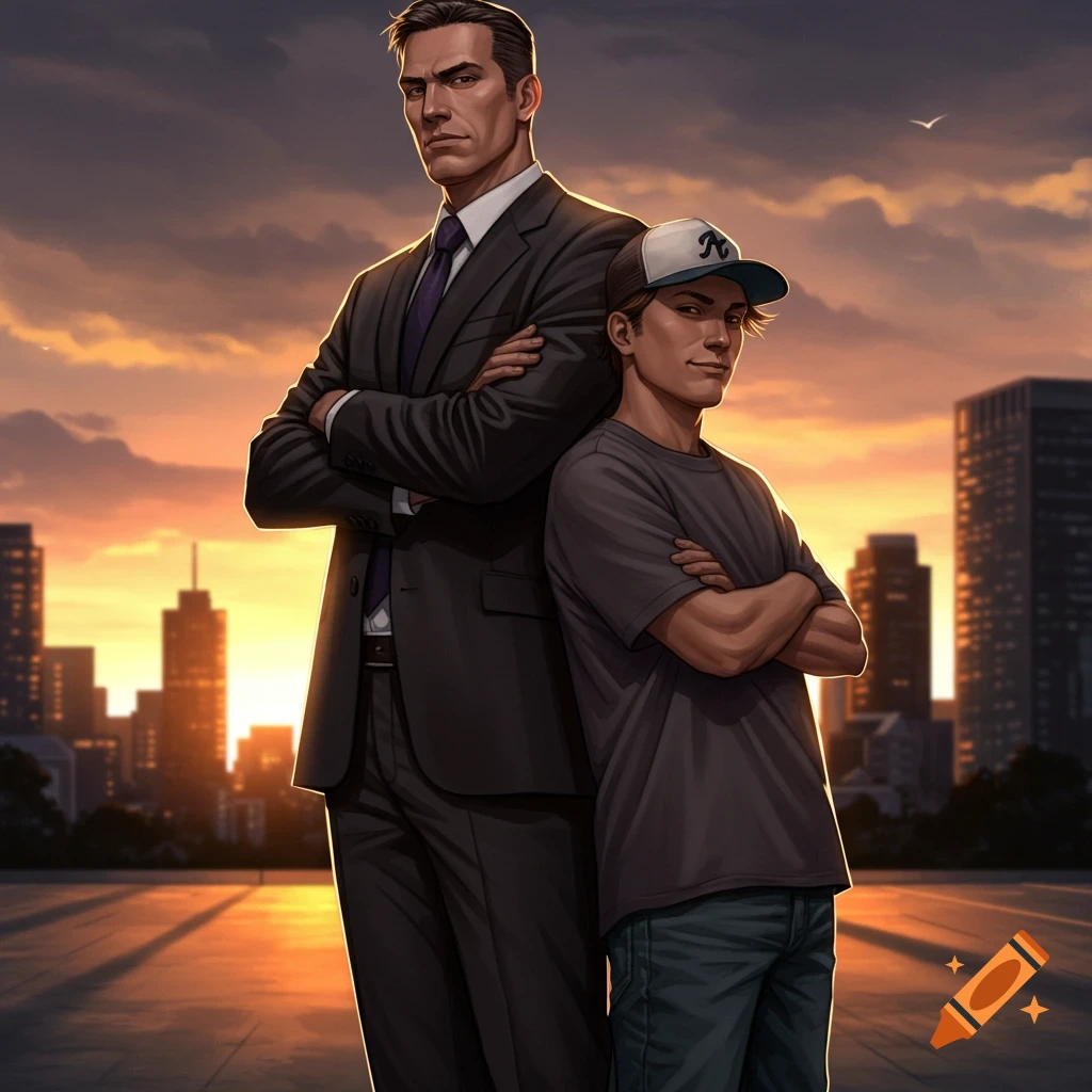 An illustrated tall man in a suit and a shorter man in a cap stand back to back with crossed arms against a city sunset.