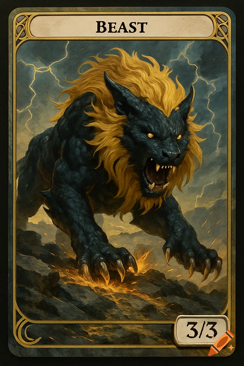 A fantasy game card shows a dark blue scaly beast with a golden mane, glowing eyes, and fangs, stomping on fiery ground beneath lightning-filled skies. The card is titled "BEAST" with "3/3" at the bottom.