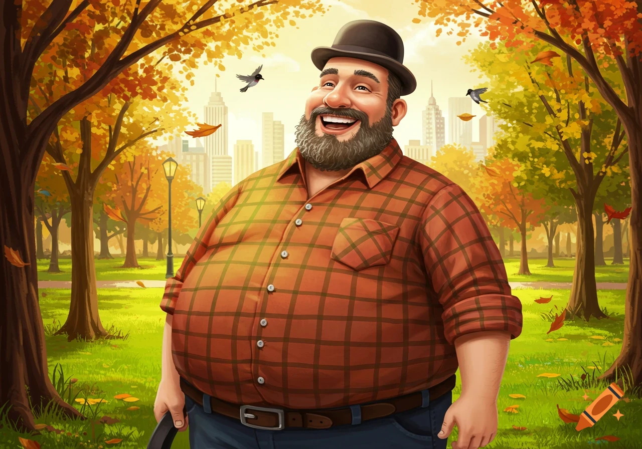 A smiling bearded man in a plaid shirt and bowler hat stands in an autumn park with city buildings in the background, in an illustrative style.