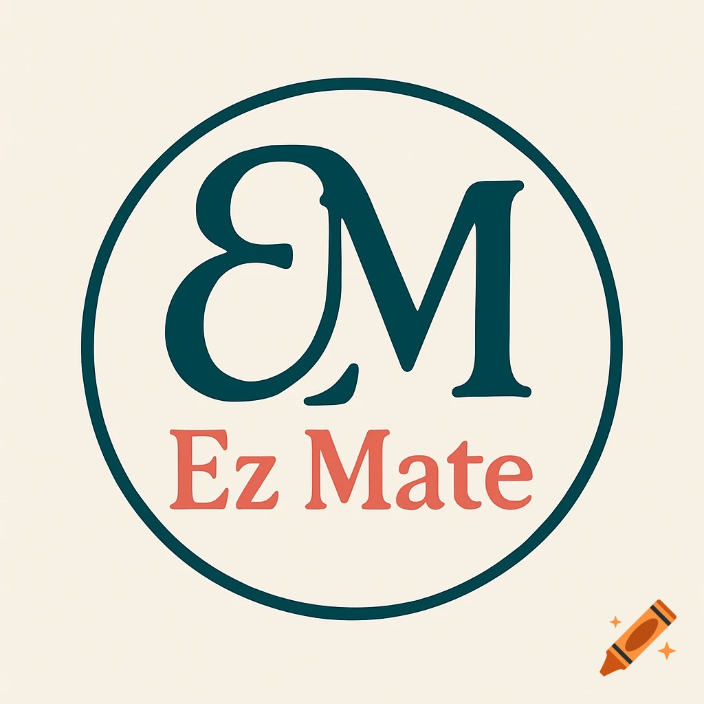 A logo with stylized teal letters EM in a circle, and red text 'Ez Mate' below, on a cream background.