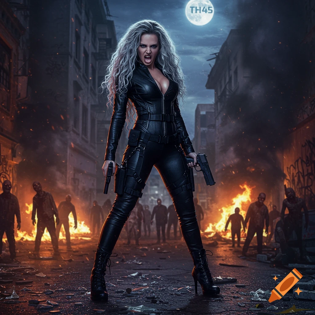 A fierce woman in black leather with guns confronts a zombie horde on a burning city street under a full moon with "TH45" visible.