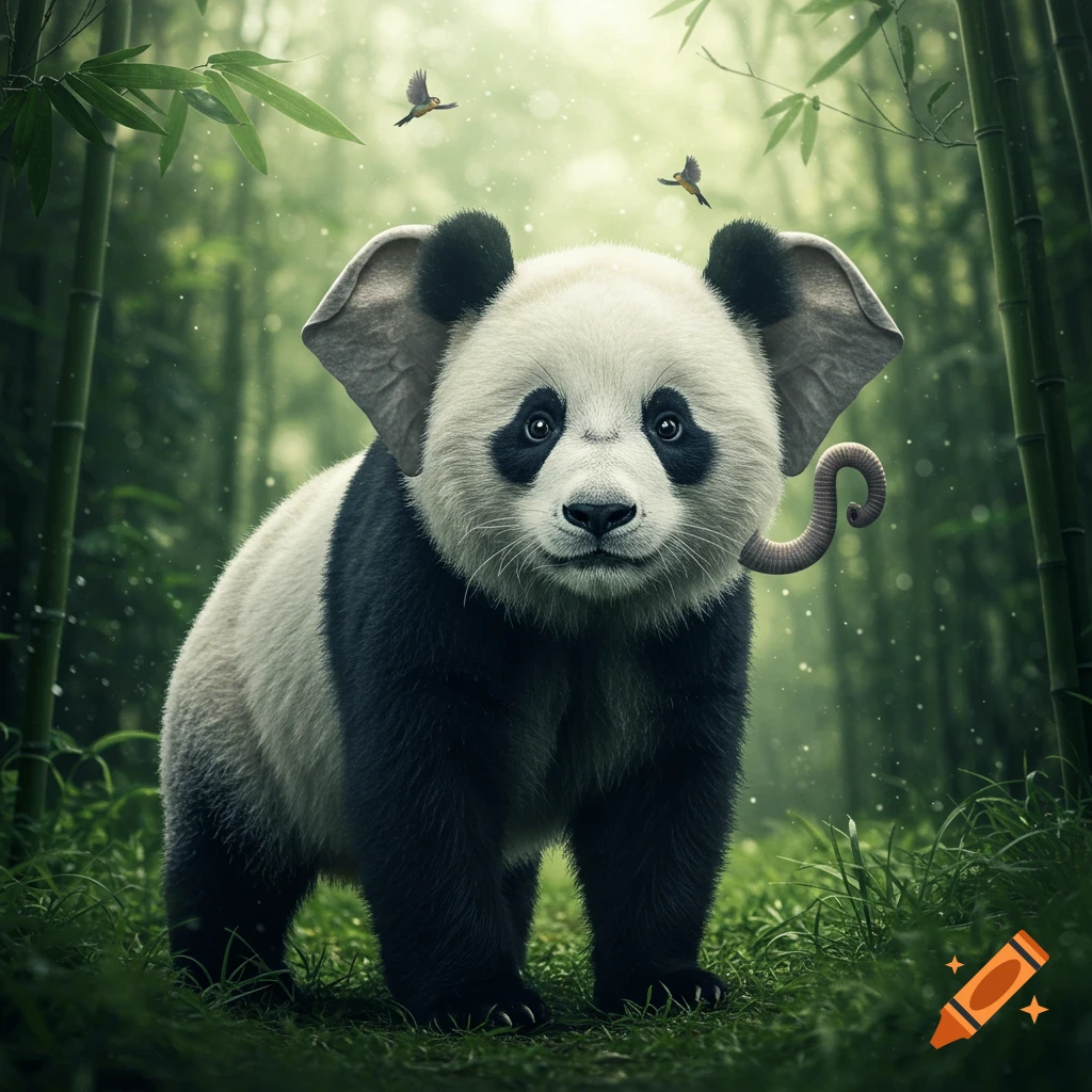 A photorealistic depiction of a hybrid panda-elephant creature with elephant ears and trunk, standing in a lush bamboo forest.
