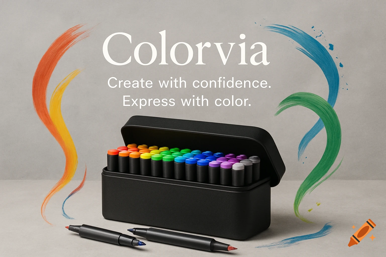 A professional shot of Colorvia double-tip markers in a black case with colorful tips and two loose markers. Text: Colorvia, Create with confidence. Express with color.