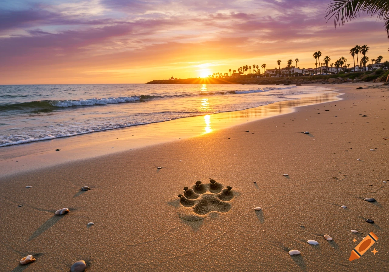 A large paw print is pressed into the golden sand of a beach at sunset, with waves rolling in and palm trees lining the distant shore.
