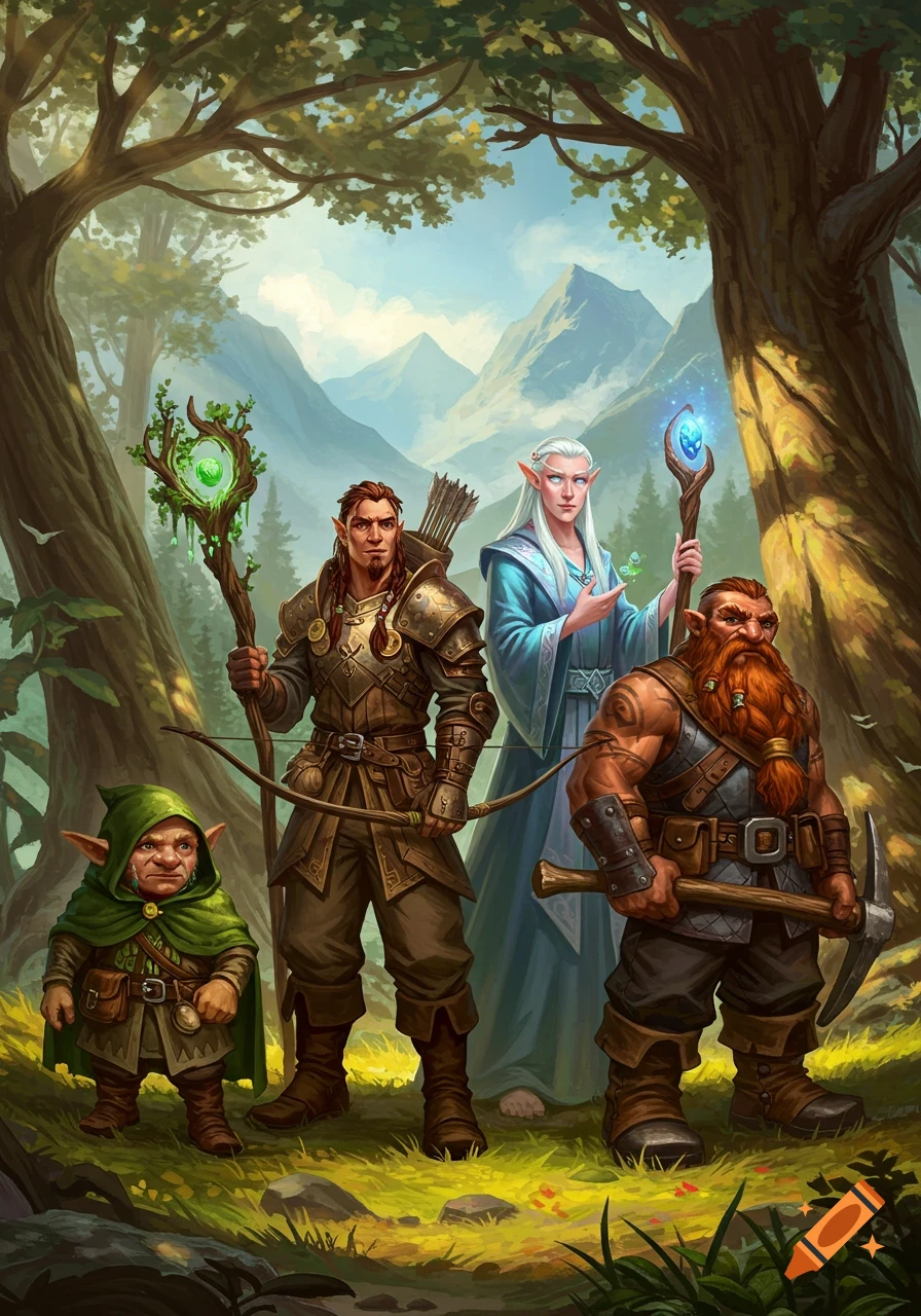 A detailed fantasy illustration of a gnome, human ranger, elven wizard, and dwarven miner standing in a forest with mountains.