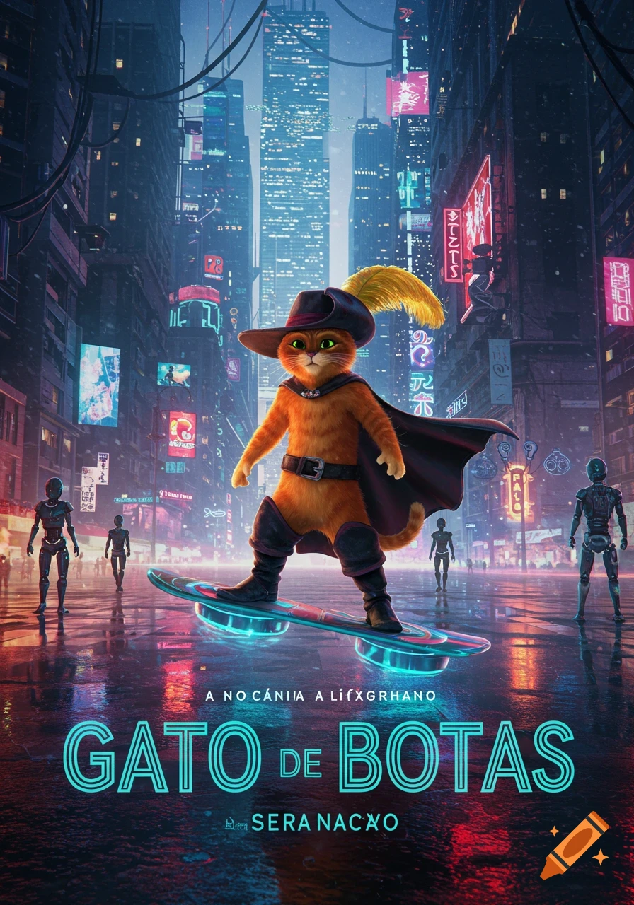 Puss in Boots, dressed in a hat, cape, and boots, rides a glowing hoverboard down a rainy cyberpunk city street with neon signs and tall buildings, with robots in the background. It resembles a movie poster.