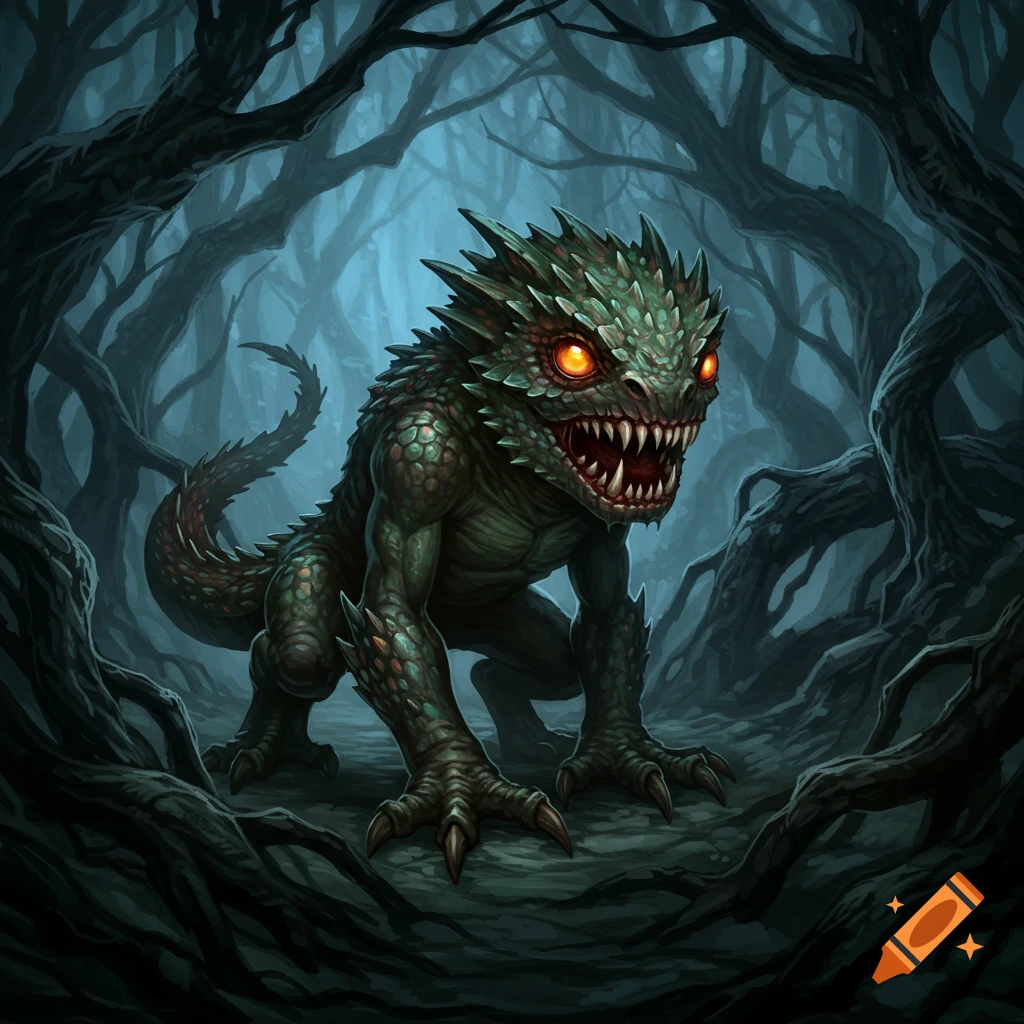 A green scaly monster with glowing orange eyes and sharp teeth stands in a dark, gnarled forest, illustration style.