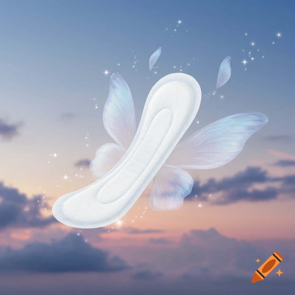 A white feminine hygiene pad with delicate butterfly wings floats in a dreamy, soft blue and pink sky with sparkles.