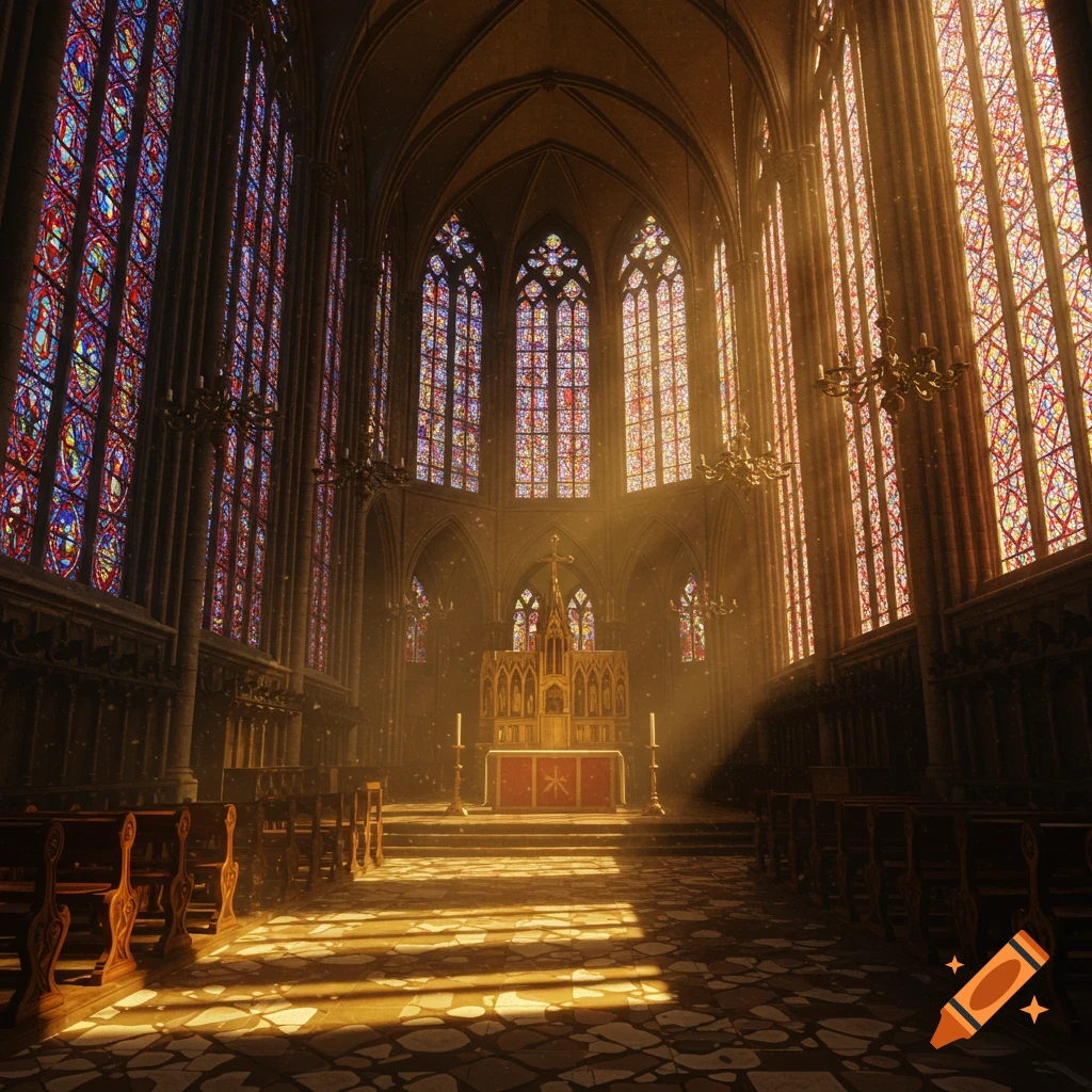 Grand gothic church interior with sunlight streaming through colorful stained glass windows, illuminating the altar and nave.