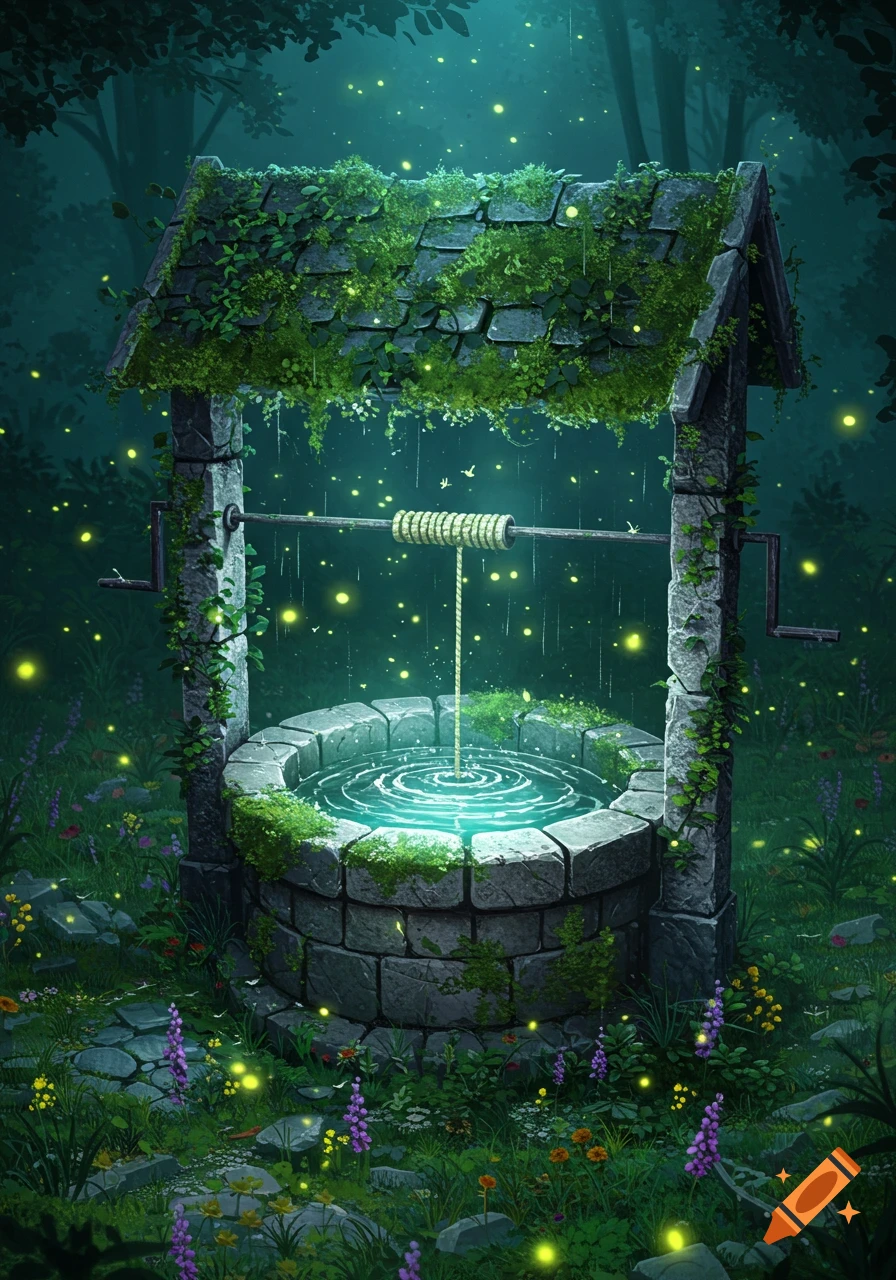 An enchanted moss-covered wishing well with glowing water and fireflies in a dark fantasy forest.