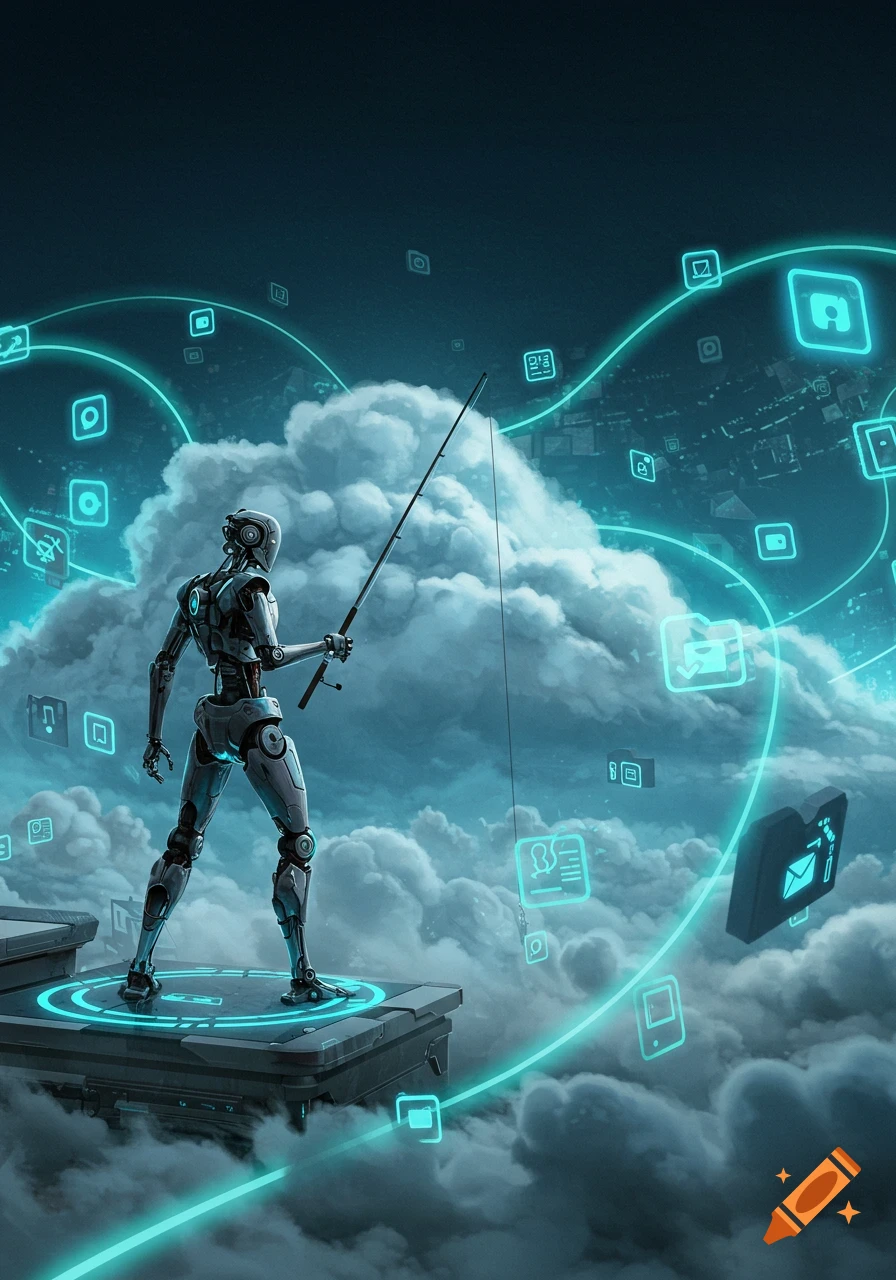 A robot stands on a platform in a cloudy, digital sky, fishing for glowing application and file icons.