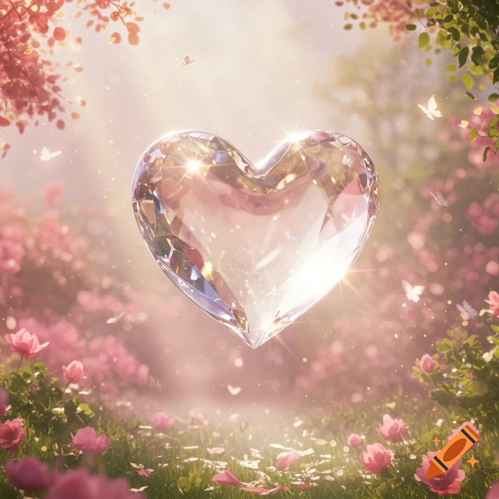 A sparkling diamond heart floats in a magical, sun-dappled garden filled with pink flowers and butterflies.