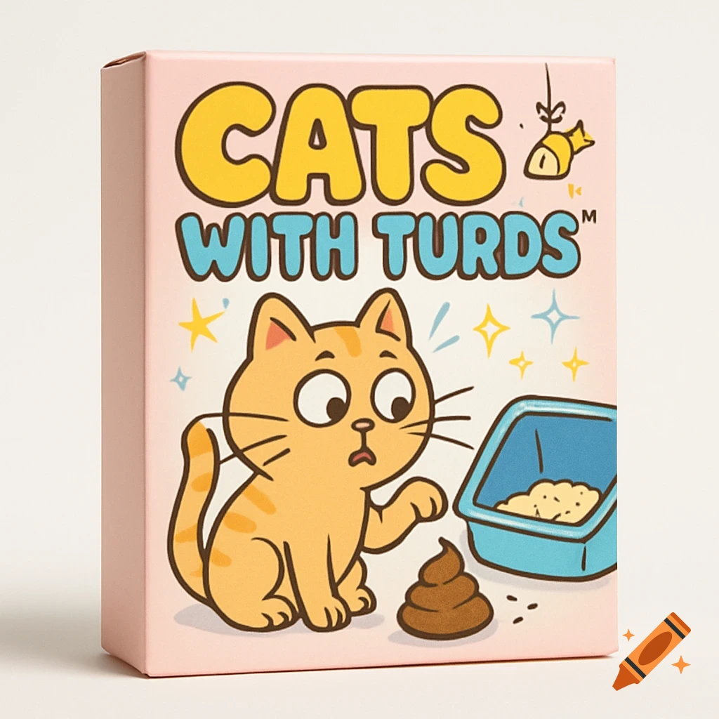 Cartoon cat looking at a pile of feces next to a litter box on a pink box labeled 'Cats With Turds™'.