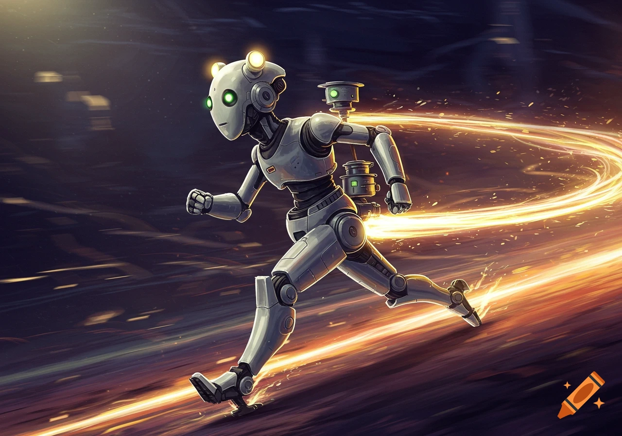 A sleek white robot with glowing green eyes and antennas runs at high speed, leaving bright orange light trails behind it in a dark, blurred environment.