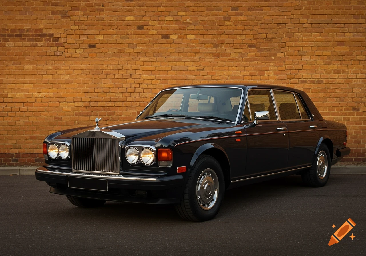 A black classic Rolls Royce luxury car parked on asphalt in front of an orange brick wall, rendered in a painterly style.