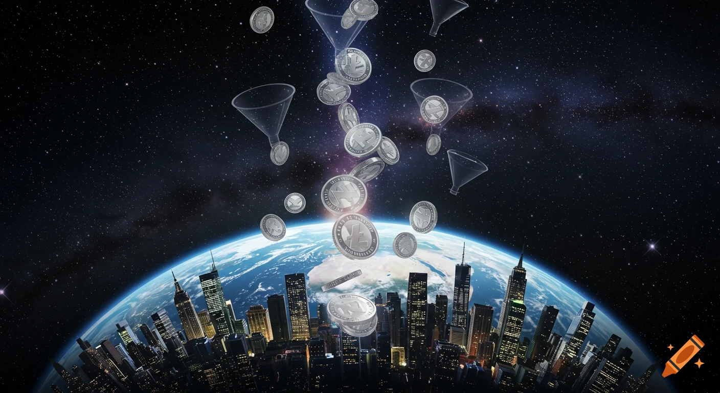 Photorealistic image of Litecoin silver coins pouring through funnels towards a vibrant cityscape on Earth, set against a starry space background.