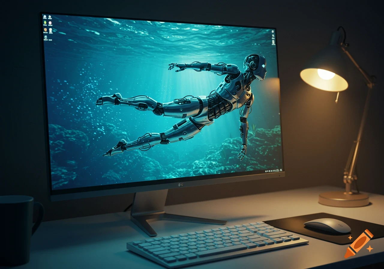A photorealistic image of a sleek silver robot swimming on a desktop computer screen on a desk with peripherals.
