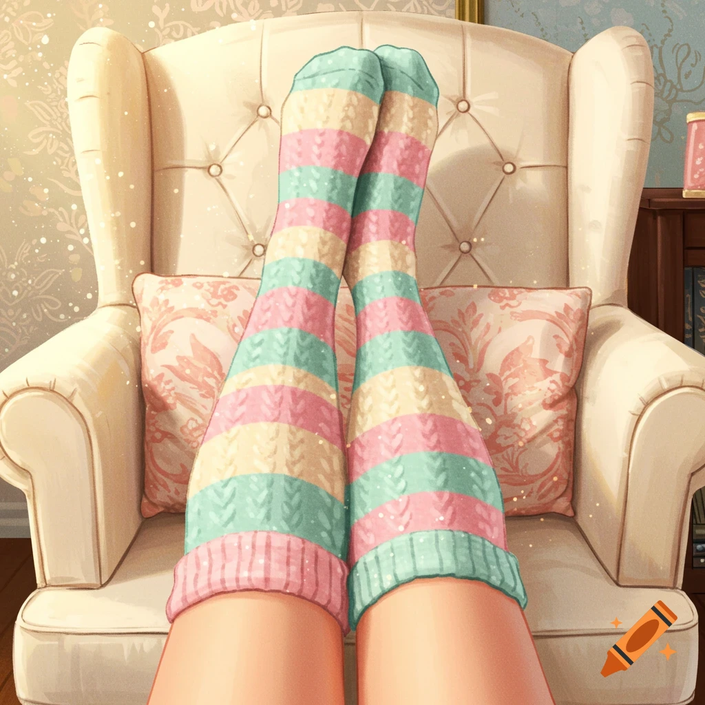 A first-person view of legs in pastel striped knee-high socks resting on an armchair in a cozy room, illustration style.
