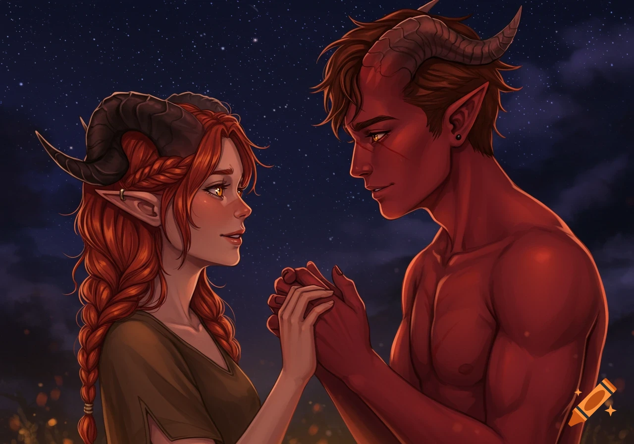 An illustration of a red-skinned male tiefling and a red-haired female tiefling holding hands under a starry night sky, illuminated by firelight.