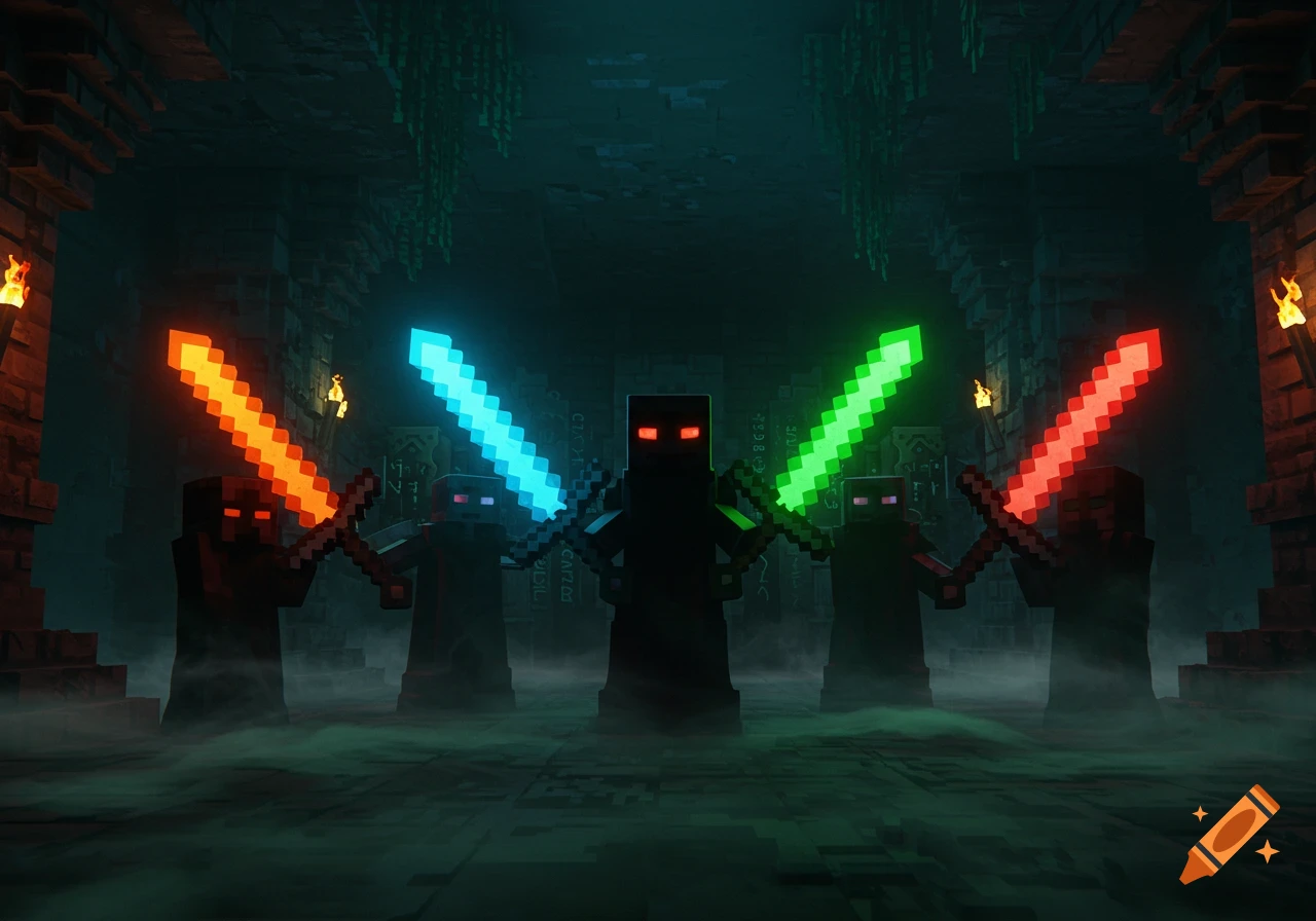 Five blocky, dark figures with glowing eyes hold pixelated, colorful glowing swords in a misty, dark dungeon setting with torches.