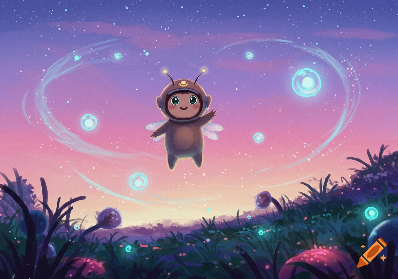 A cute, brown bug-like creature with wings and antennae floats under a starry pink and purple sky, surrounded by glowing blue orbs and fantasy plants.