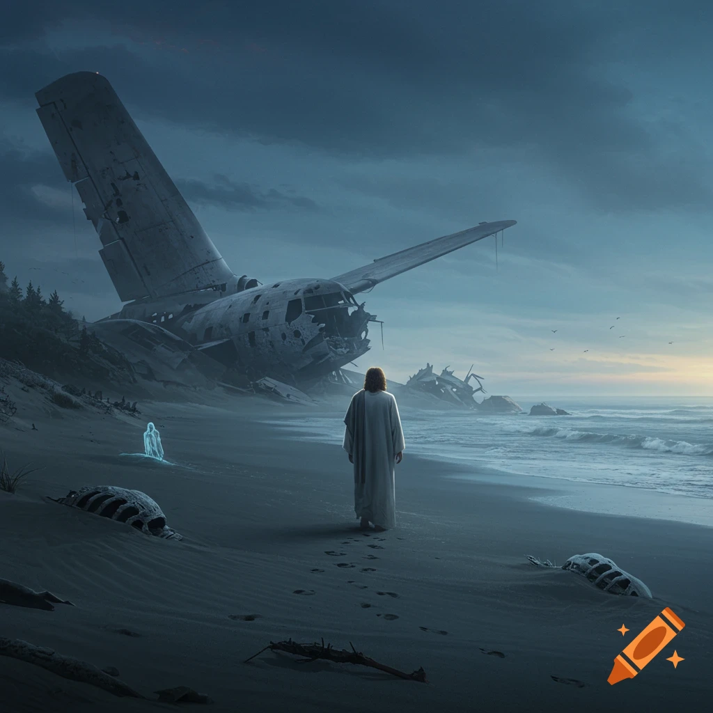 A Jesus-like figure walks on a dark beach with a wrecked plane, skeletons, and a glowing spirit under a gloomy sky.