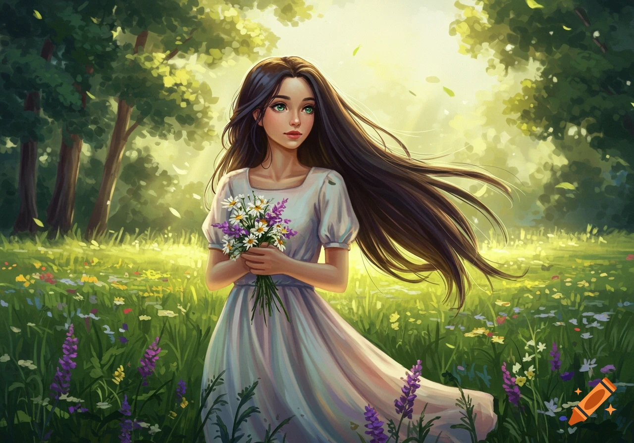 A beautiful illustrated girl with long dark hair, wearing a white dress, holds a bouquet of daisies and lavender in a sunny meadow.
