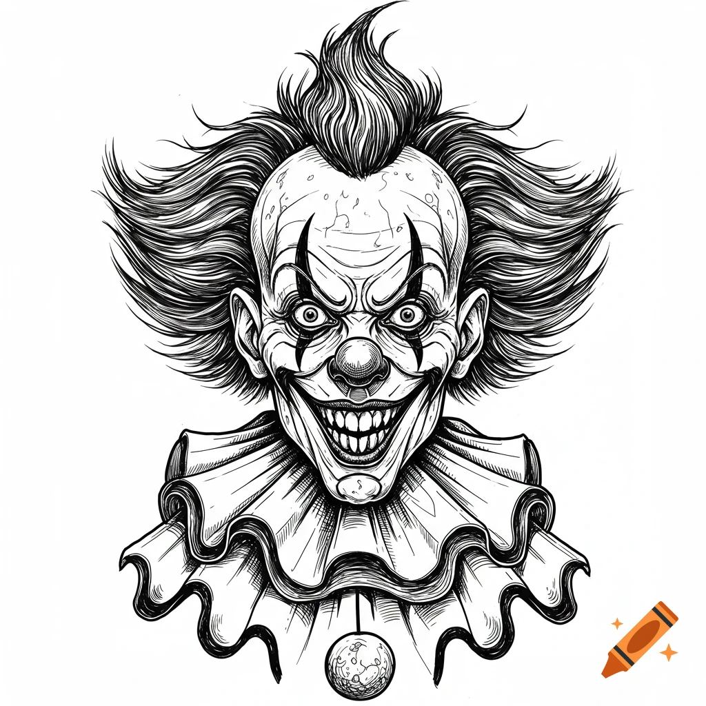 Black and white line art illustration of a disfigured, scary clown with wild hair and a wide, toothy grin.