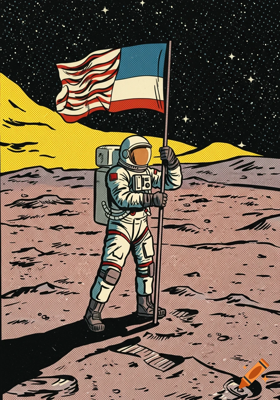 Pop art illustration in 1960s retro comic style of an astronaut in a white suit holding a flag on the moon, with a starry black sky and yellow horizon.