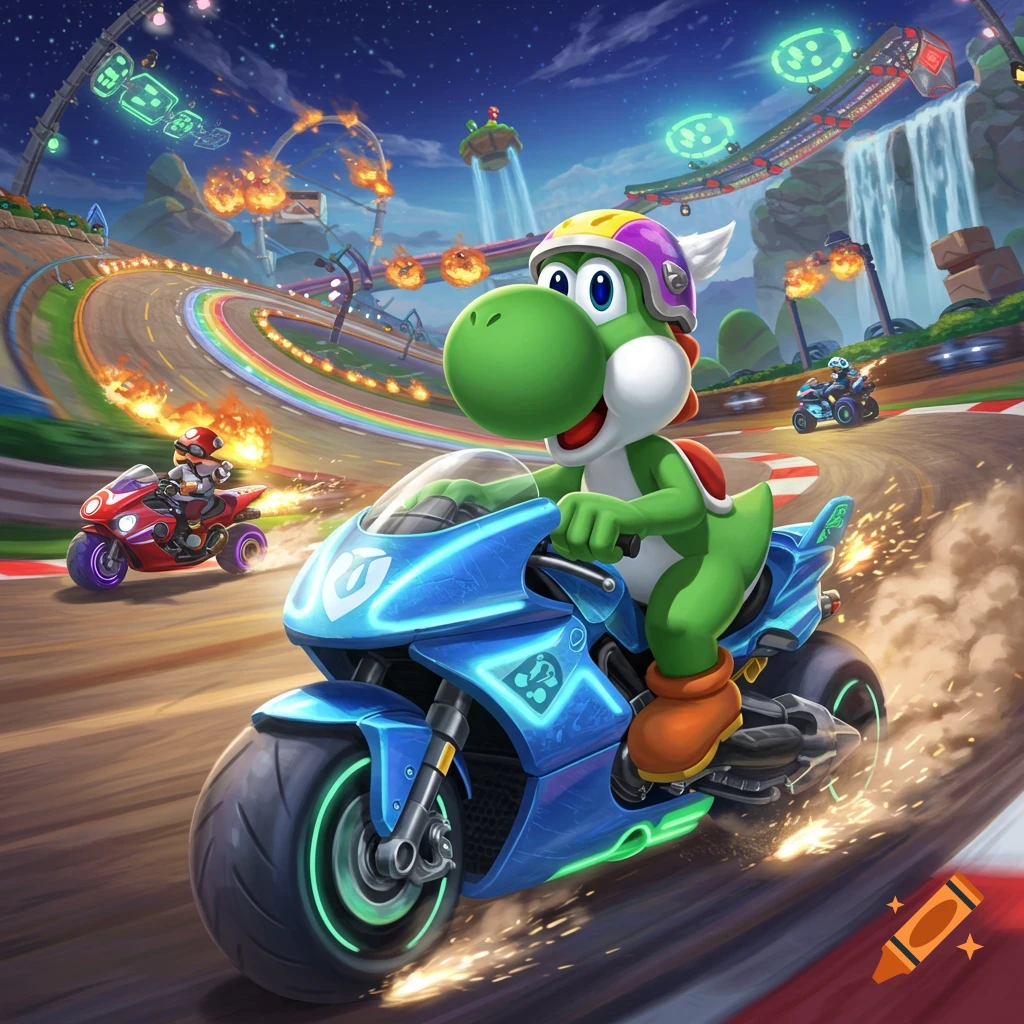Yoshi on a blue motorcycle races on a rainbow-colored track with another racer in the background, set in a fantastical night scene from Mario Kart.