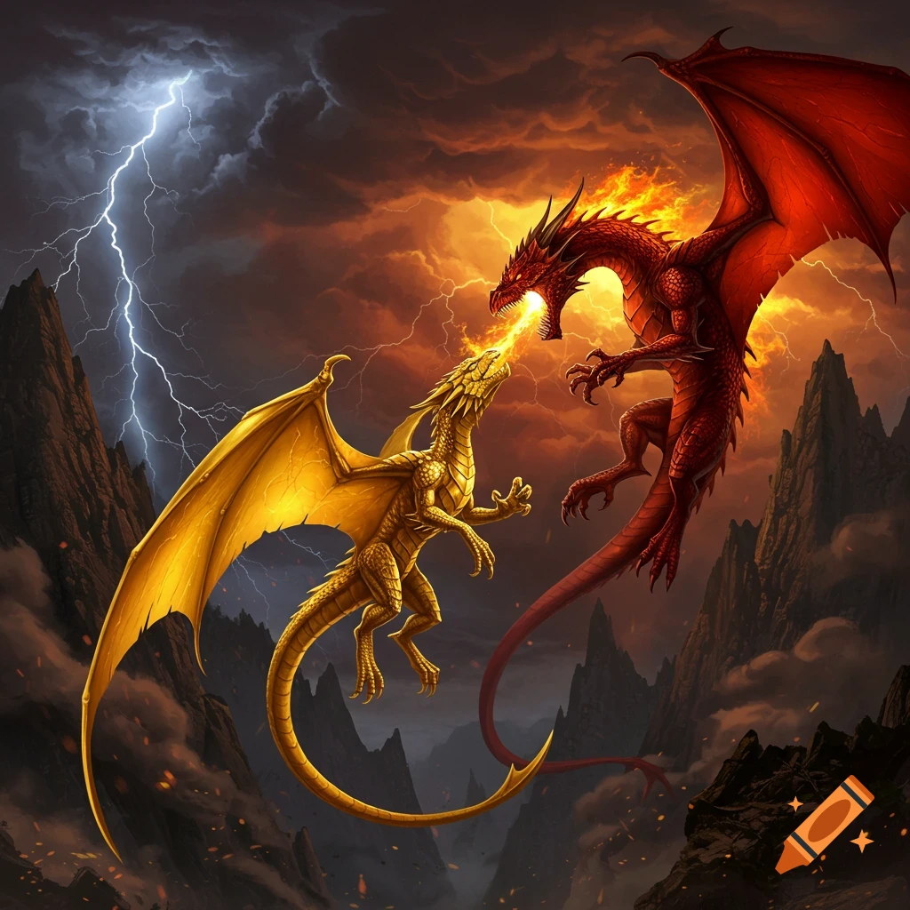 A gold dragon battles a red fire-breathing dragon amidst lightning and stormy, fiery skies over mountains.