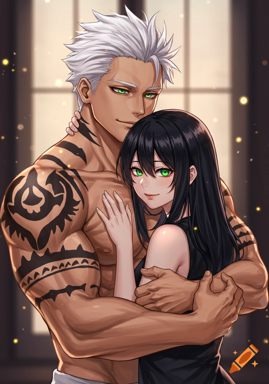 Anime-style depiction of a muscular man with white hair and tattoos hugging a woman with long black hair, both with glowing green eyes.