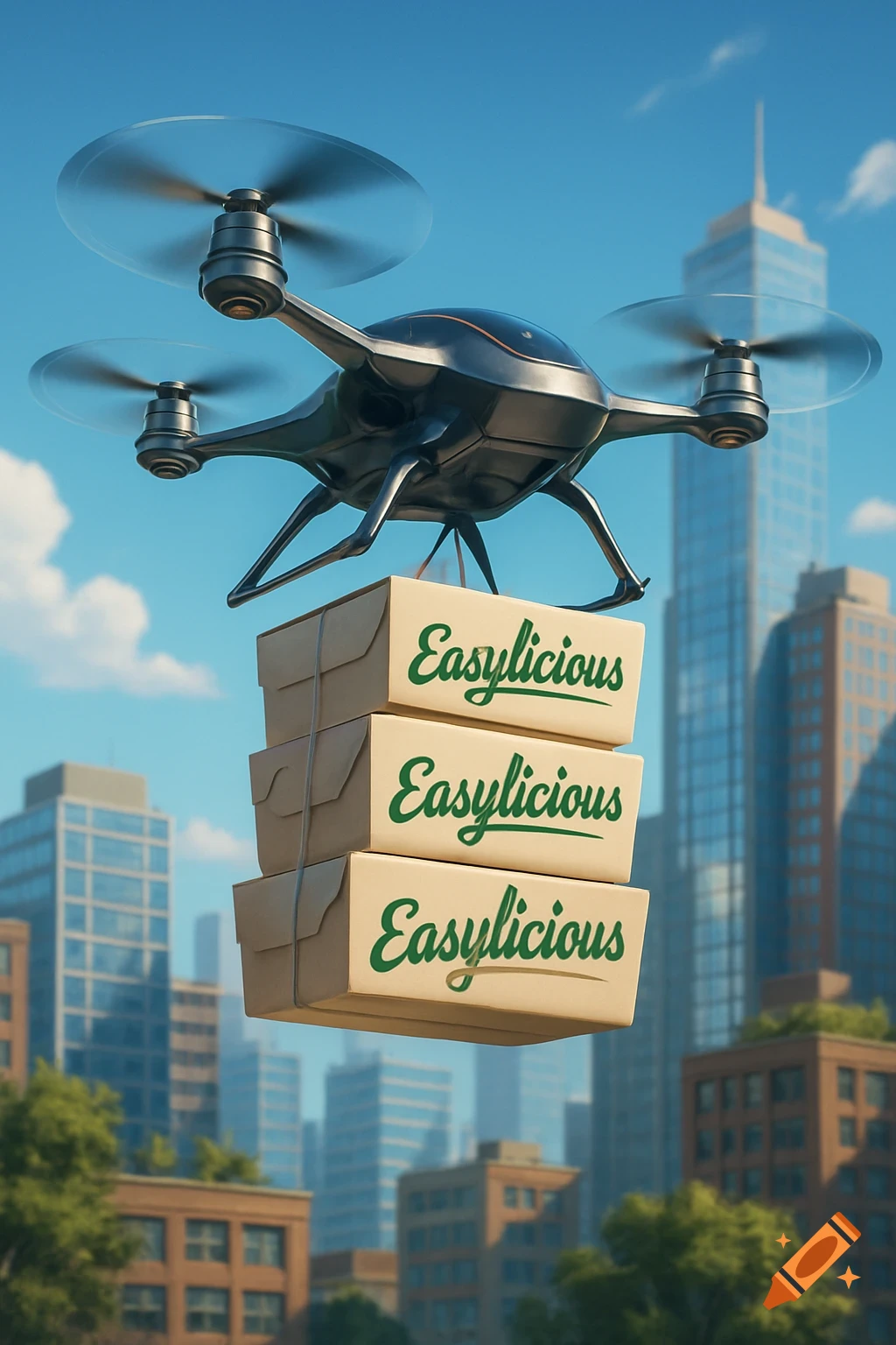 A drone carrying three stacked packages labeled 'Easylicious' flies over a city skyline under a clear blue sky.