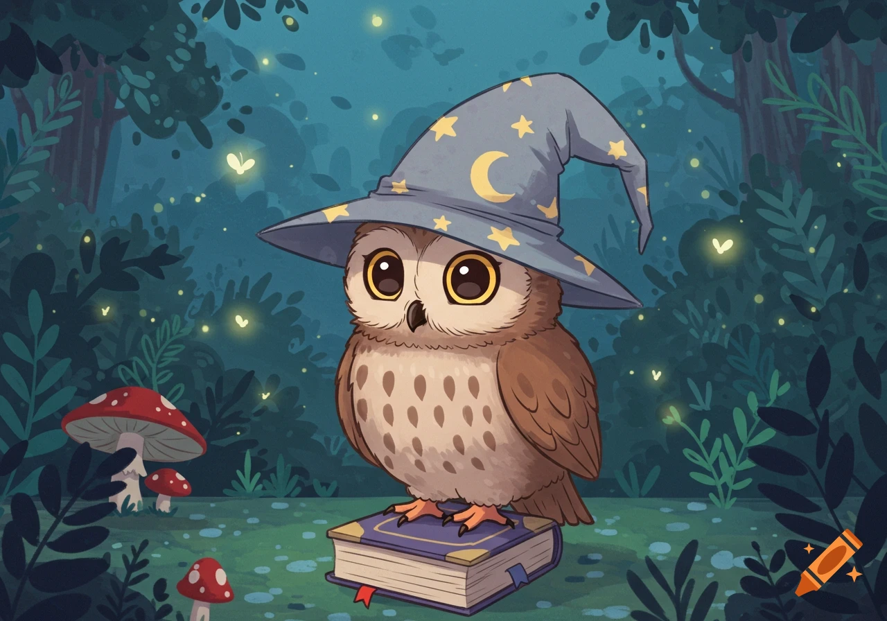A cute cartoon owl wearing a grey wizard hat stands on a book in an enchanted forest with glowing fireflies and mushrooms.