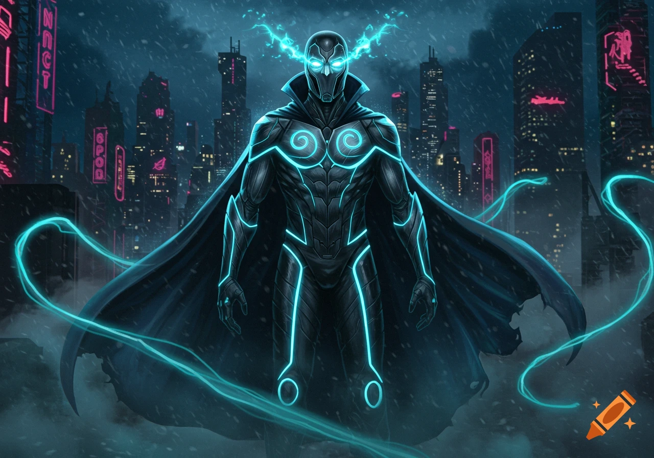A supervillain in a black and neon blue armored suit with a cape, glowing with energy, stands against a dark, snowy futuristic city skyline.