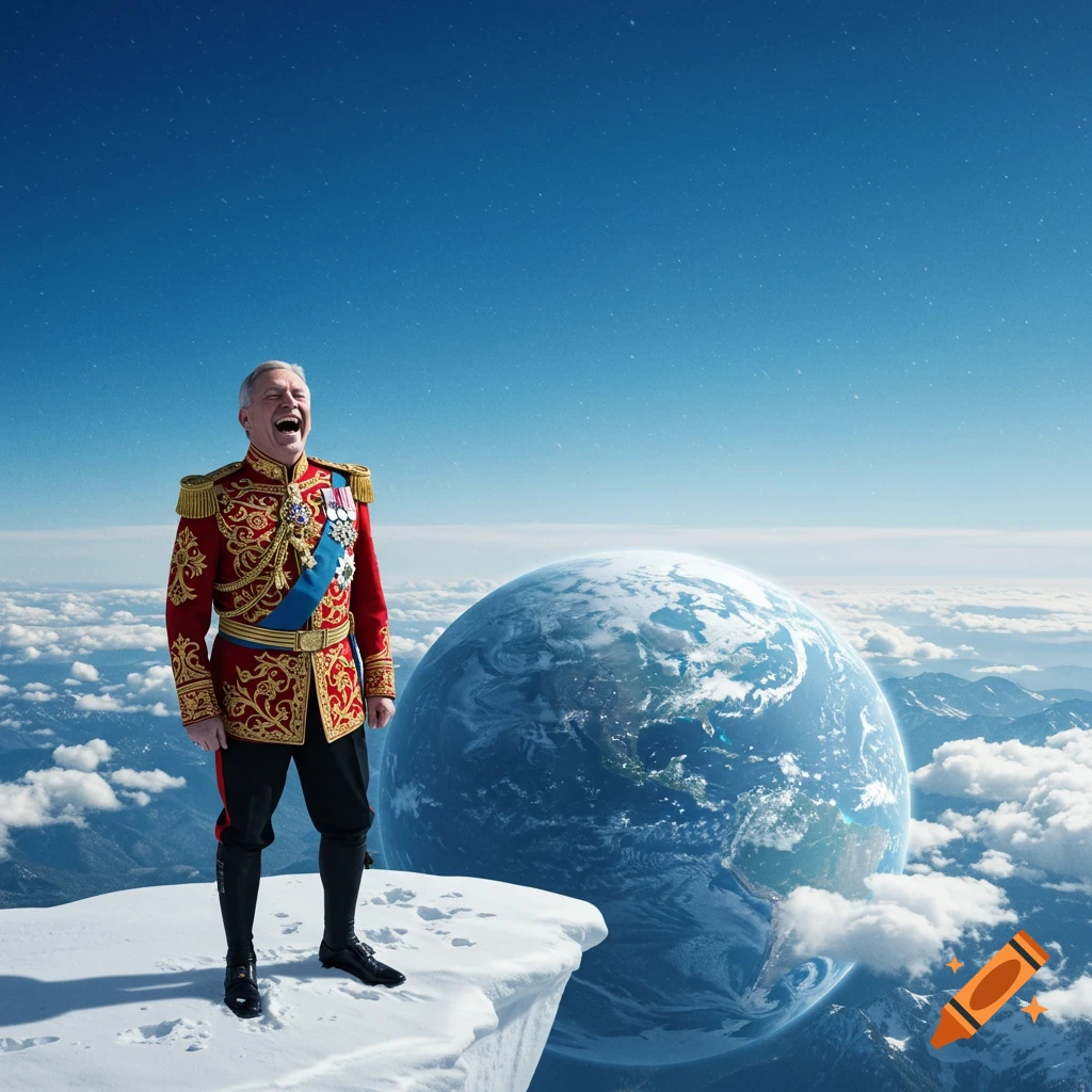 A man in a red and gold emperor's uniform laughs on a snowy mountain peak, with Earth and clouds in the background under a starry sky.