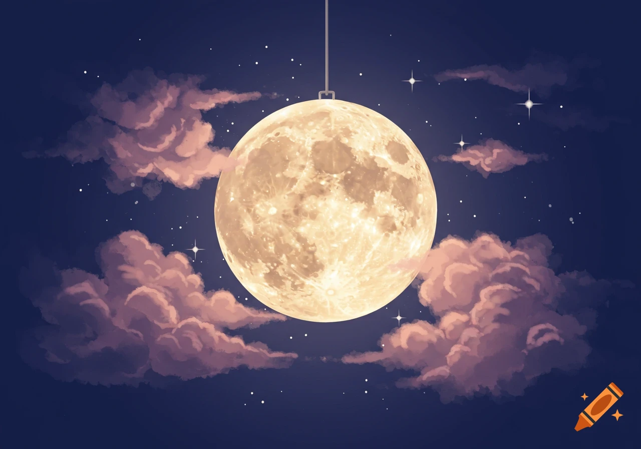 A whimsical illustration of a full moon suspended like a lamp in a dark, starry night sky with pink-tinged clouds.