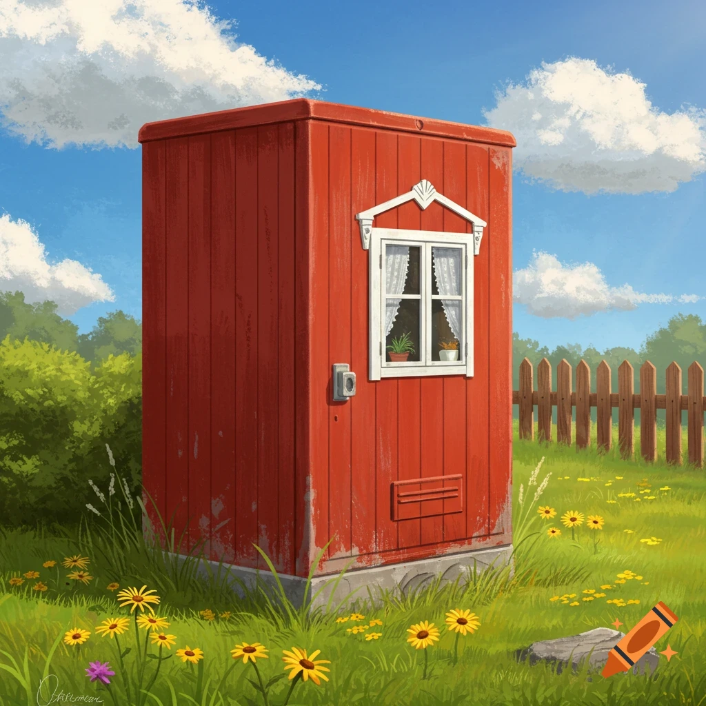 A red utility box styled as a Swedish summer house with a window, in a sunny green field with yellow flowers.