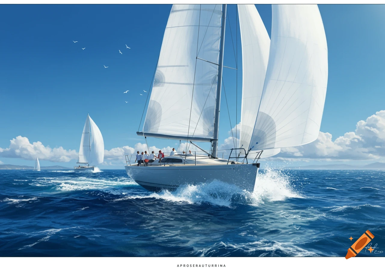 Illustrative painting of multiple sailboats racing on a blue ocean under a clear sky with scattered clouds.