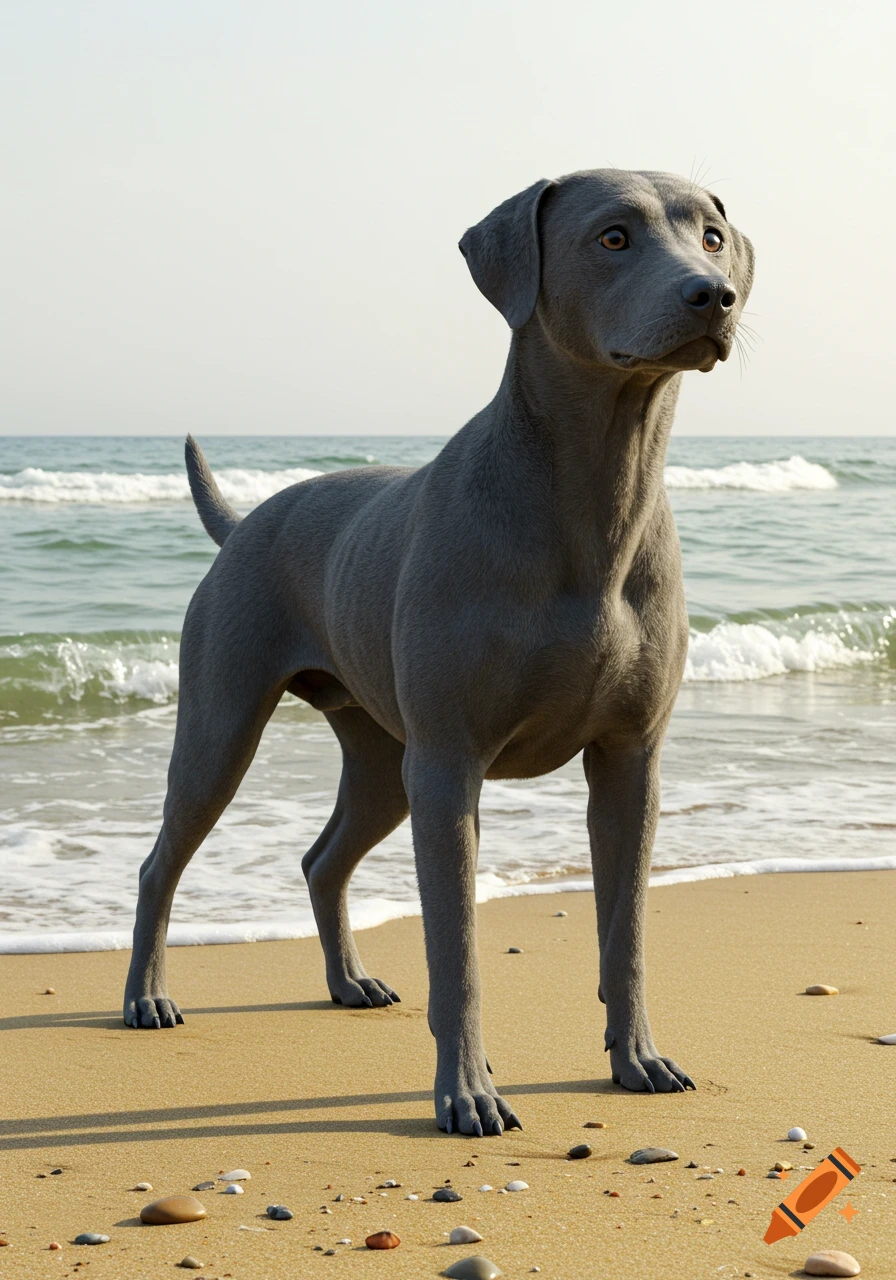 A grey dog with a short coat stands on a sandy beach, looking towards the right with ocean waves in the background. Photorealistic.