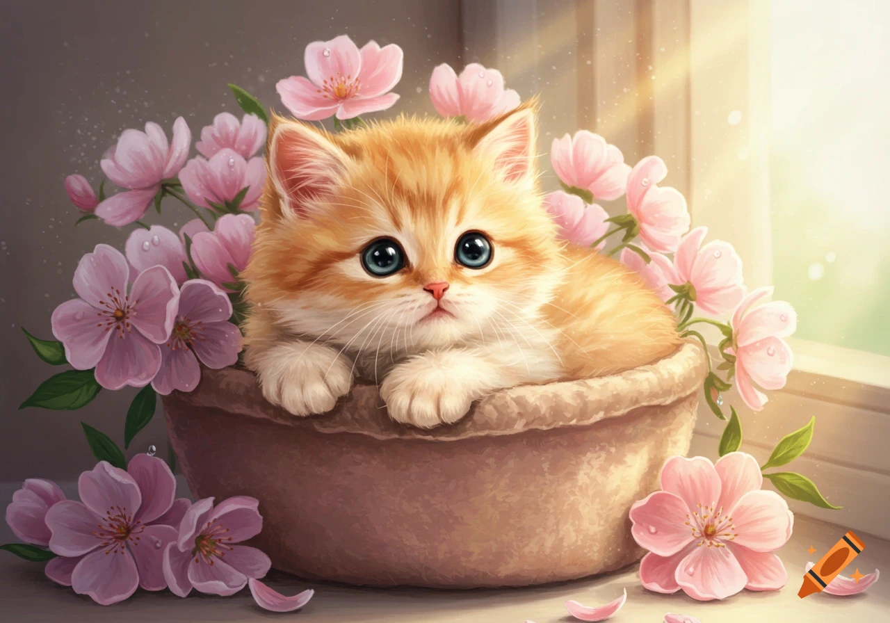 A fluffy orange kitten with big blue eyes sits in a brown pot surrounded by pink cherry blossoms, with sunlight from a window.