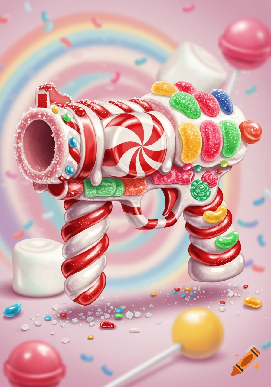 A whimsical, cartoon-style candy gun made of red and white peppermint swirls, gumdrops, and jelly beans, against a pink background with a rainbow swirl and scattered candies.