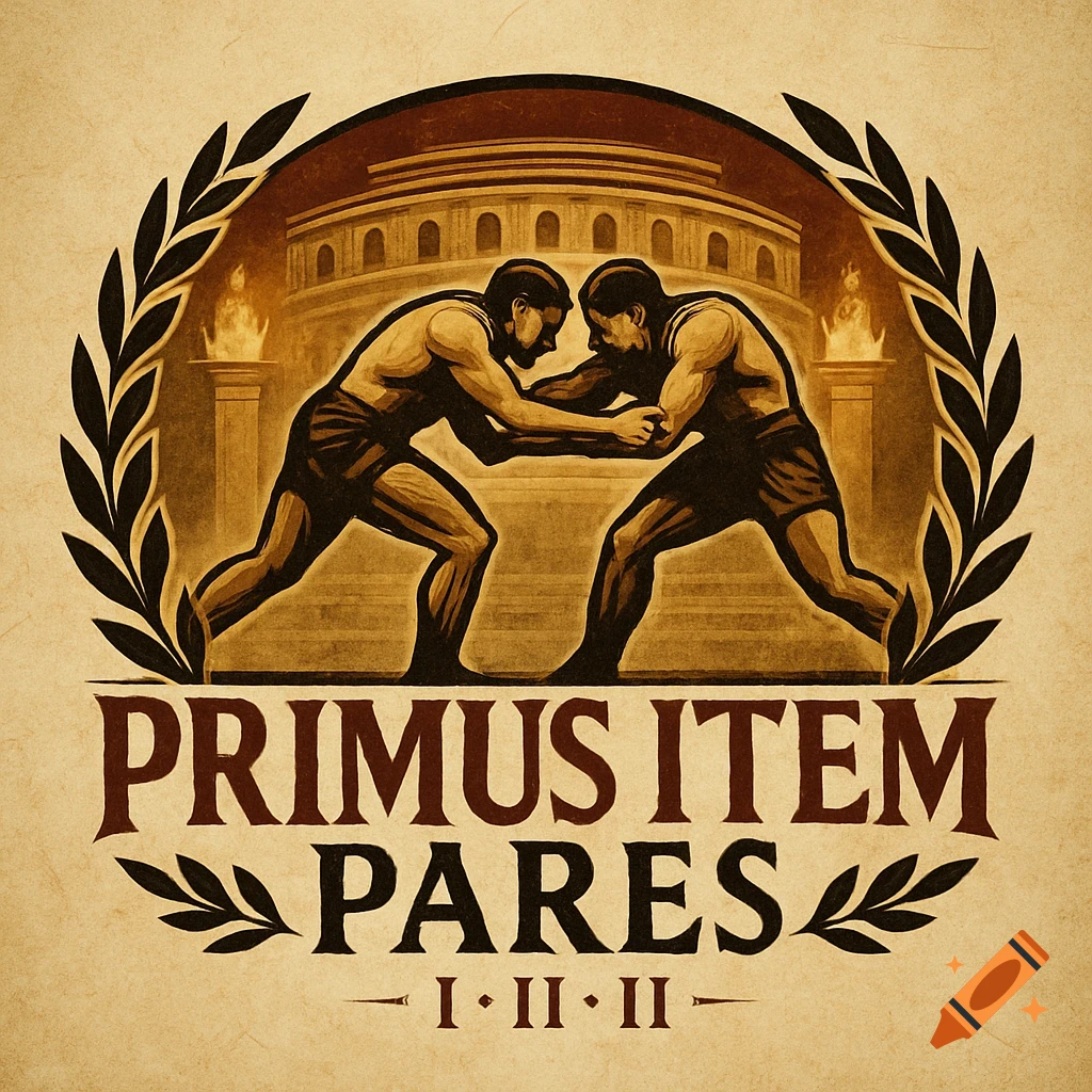 A vintage-style logo featuring two Roman wrestlers grappling in front of a Colosseum-like building, with the text 'PRIMUS ITEM PARES' below.