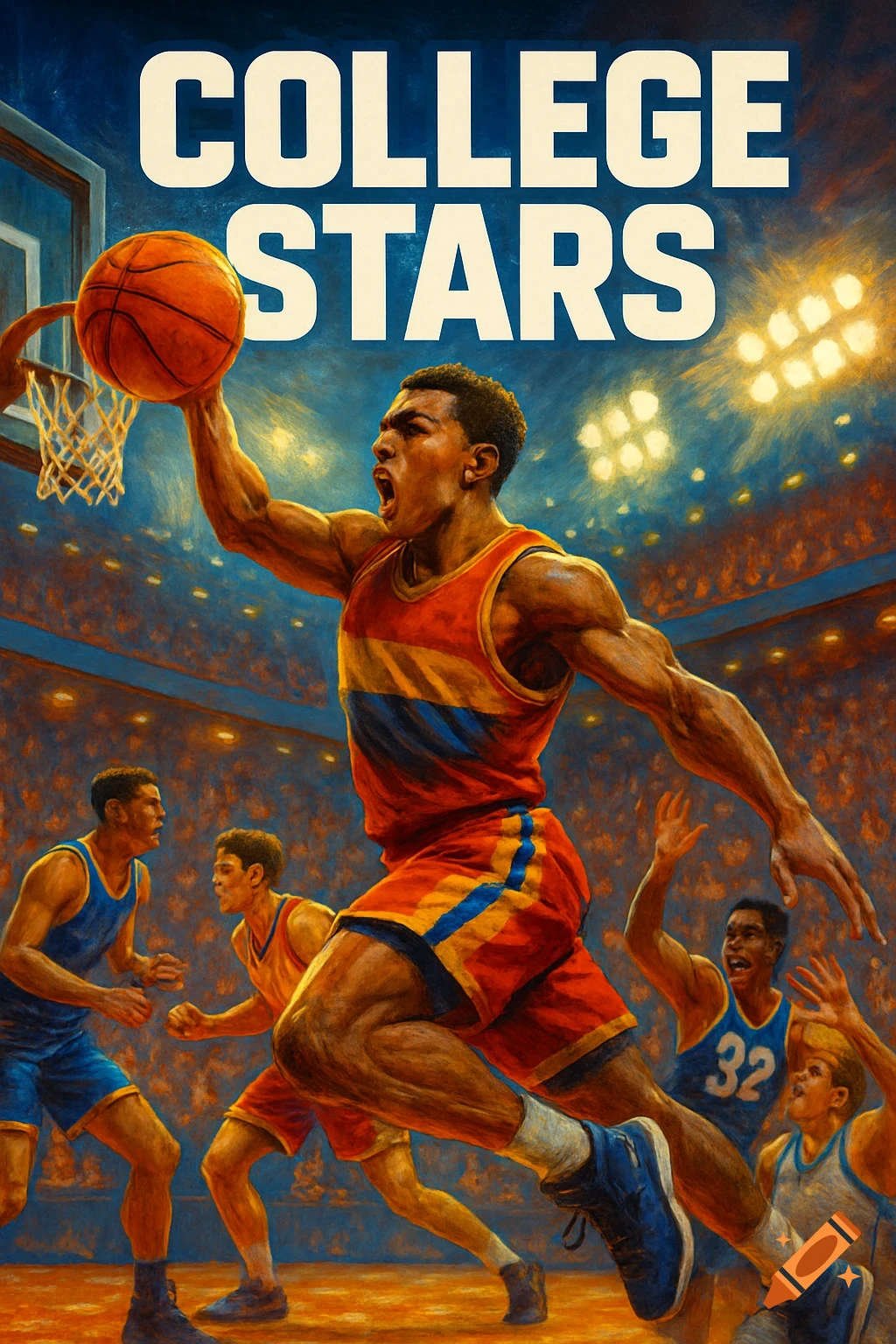 Painterly illustration of a basketball player mid-dunk with opponents, on a court with stadium lights, titled "COLLEGE STARS".
