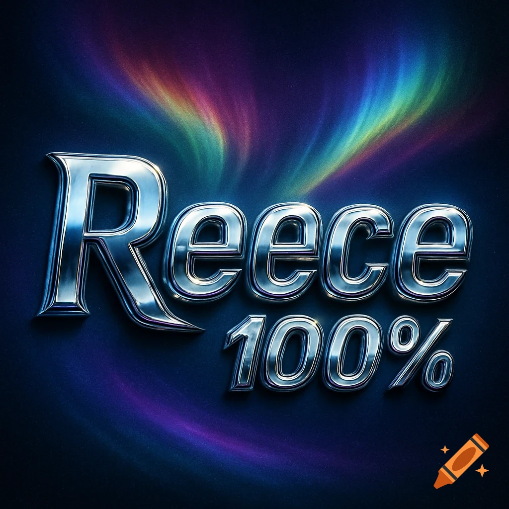 Metallic 3D text 'Reece 100%' on a dark, textured background with a colorful, swirling light effect reminiscent of an aurora.