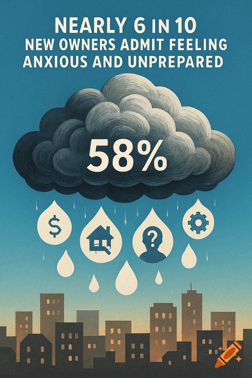 Stylized infographic illustration showing a dark rain cloud over a city skyline, with raindrops containing symbols for money, a house, a person with a question mark, and a gear. Text reads: 'NEARLY 6 IN 10 NEW OWNERS ADMIT FEELING ANXIOUS AND UNPREPARED' and '58%'.