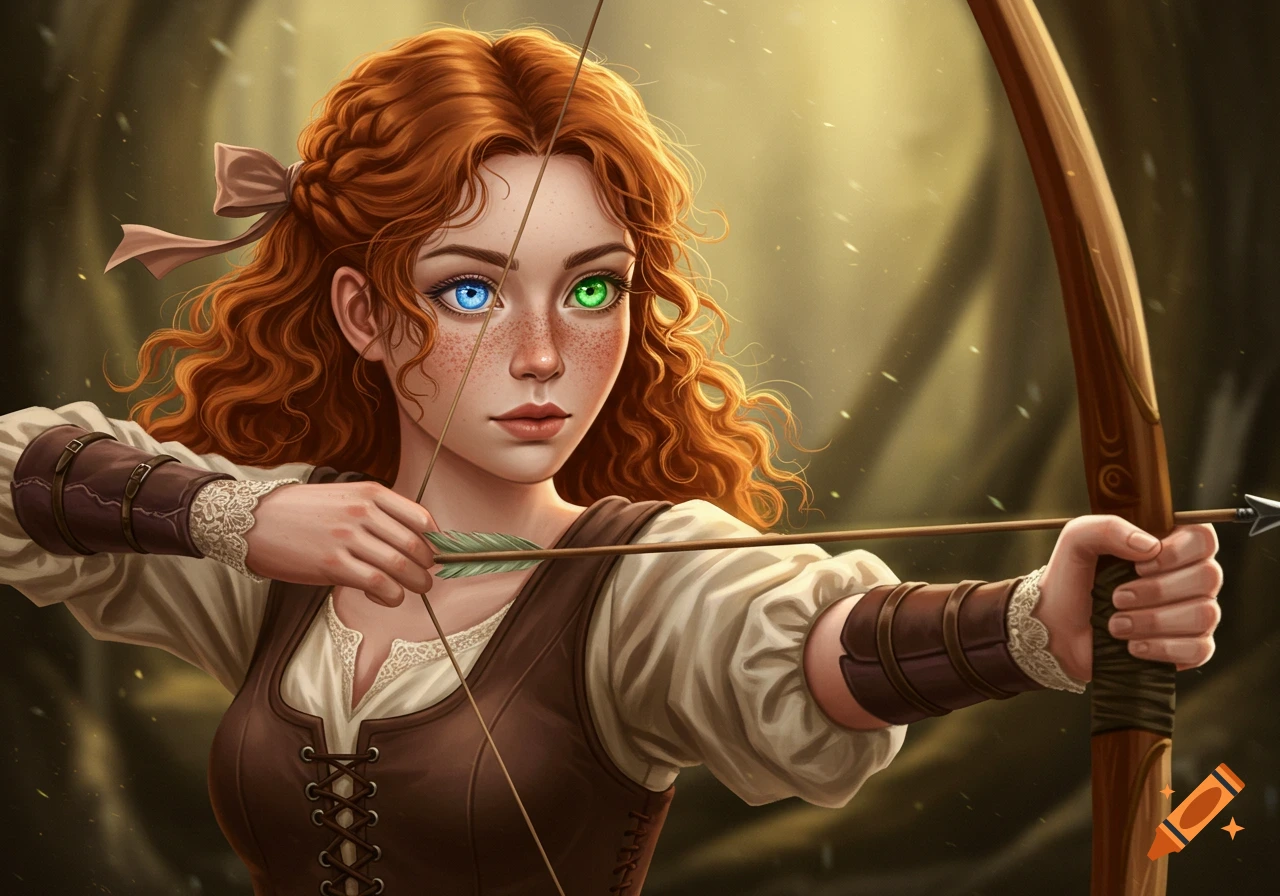 Digital artwork of a red-haired archer with freckles and heterochromia, aiming a wooden bow with an arrow, against a blurred forest background.