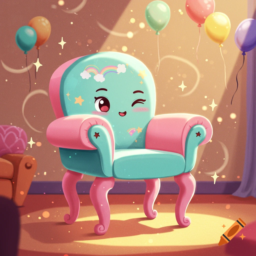 A cute, cartoonish teal and pink armchair with a winking face and rainbow, surrounded by balloons and sparkles.