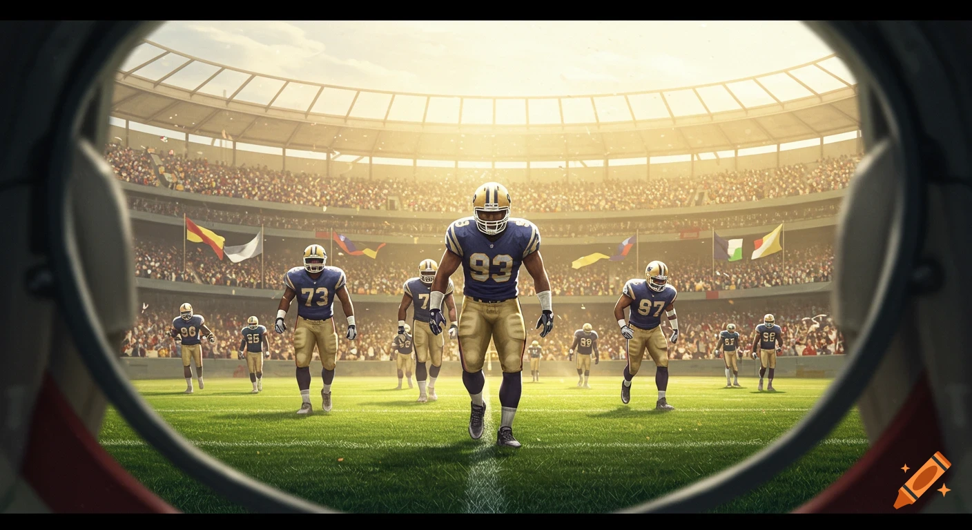 A helmet's eye view of football players in blue and gold uniforms on a sunlit stadium field packed with cheering fans.